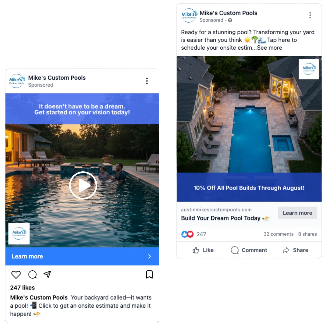 AI-generated ad previews showing multiple variations